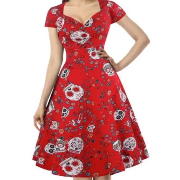 SUGAR SKULL RETRO ROCKABILLY FLORAL HALLOWEEN FESTIVAL COSPLAY PARTY SWING DRESS - Picture 1 of 13